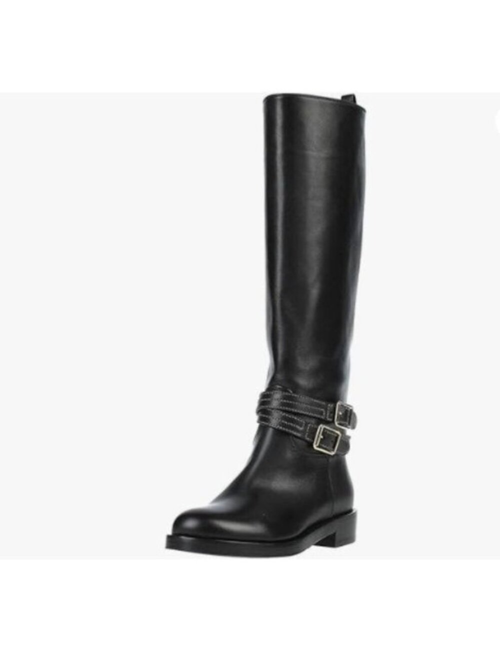 Women's Wide Calf Strap Buckle Knee High Boots Round Toe ,Long Booties Black